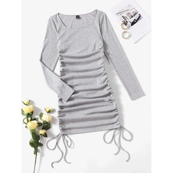 SHEIN Dresses & Skirts - Shein Dress Gray Bodycon Mini Drawstring Side Long Sleeve